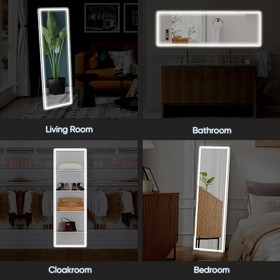 DUMOS 21x 64 LED Full Length Mirror with Lights, Lighted Floor Full Body Mirrors with 3 Color Lighting, Wall Mounted Stand Mirror for Bedroom, Dressing Room, Living Room, Bathroom