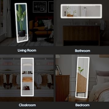 DUMOS 21x 64 LED Full Length Mirror with Lights, Lighted Floor Full Body Mirrors with 3 Color Lighting, Wall Mounted Stand Mirror for Bedroom, Dressing Room, Living Room, Bathroom