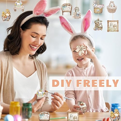 Miniatura 4 de 36 piezas de adornos colgantes de Pascua, conejito de Pascua, cesta de pollito, adornos colgantes de madera, decoraciones de Pascua colgantes de