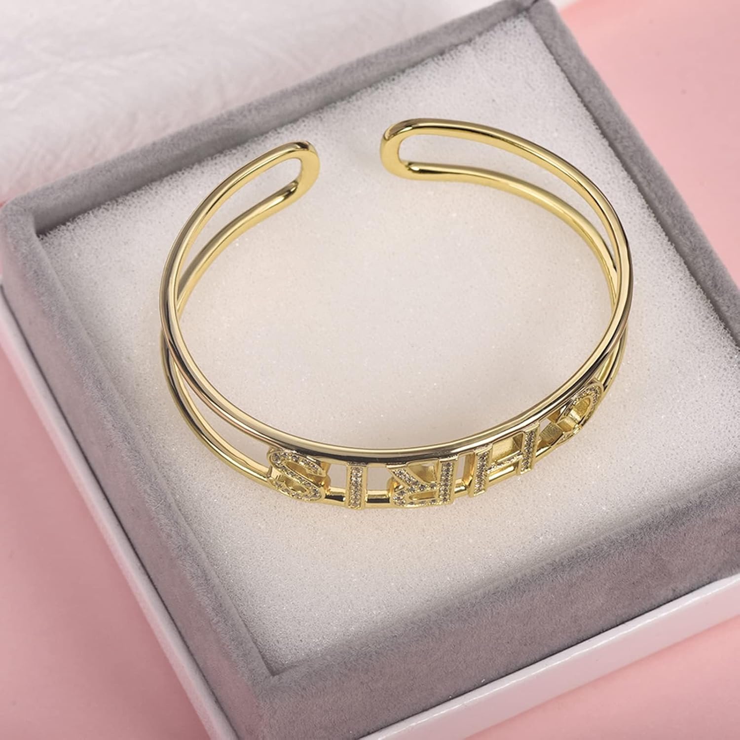 BlingSparkle Name Bracelet Personalized for Women Charm Bracelet 18K Gold Plated Cuff Bracelets with Heart Custom Nameplate with Any Words Jewelry Gift for Teen Girls