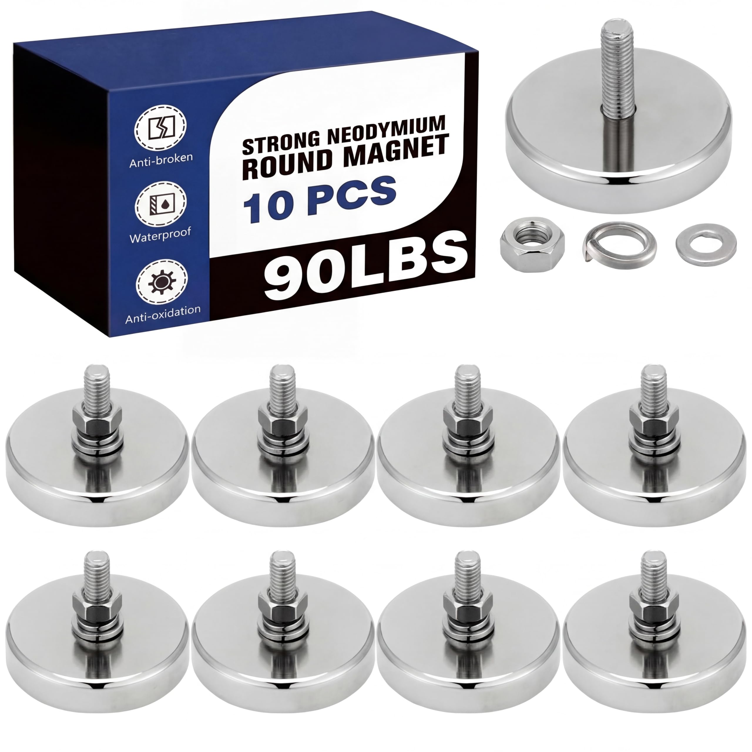 Therwen 10 Pack 150 lb Magnet with Threaded Stud, 1.42 In-90lb-m6, Silver