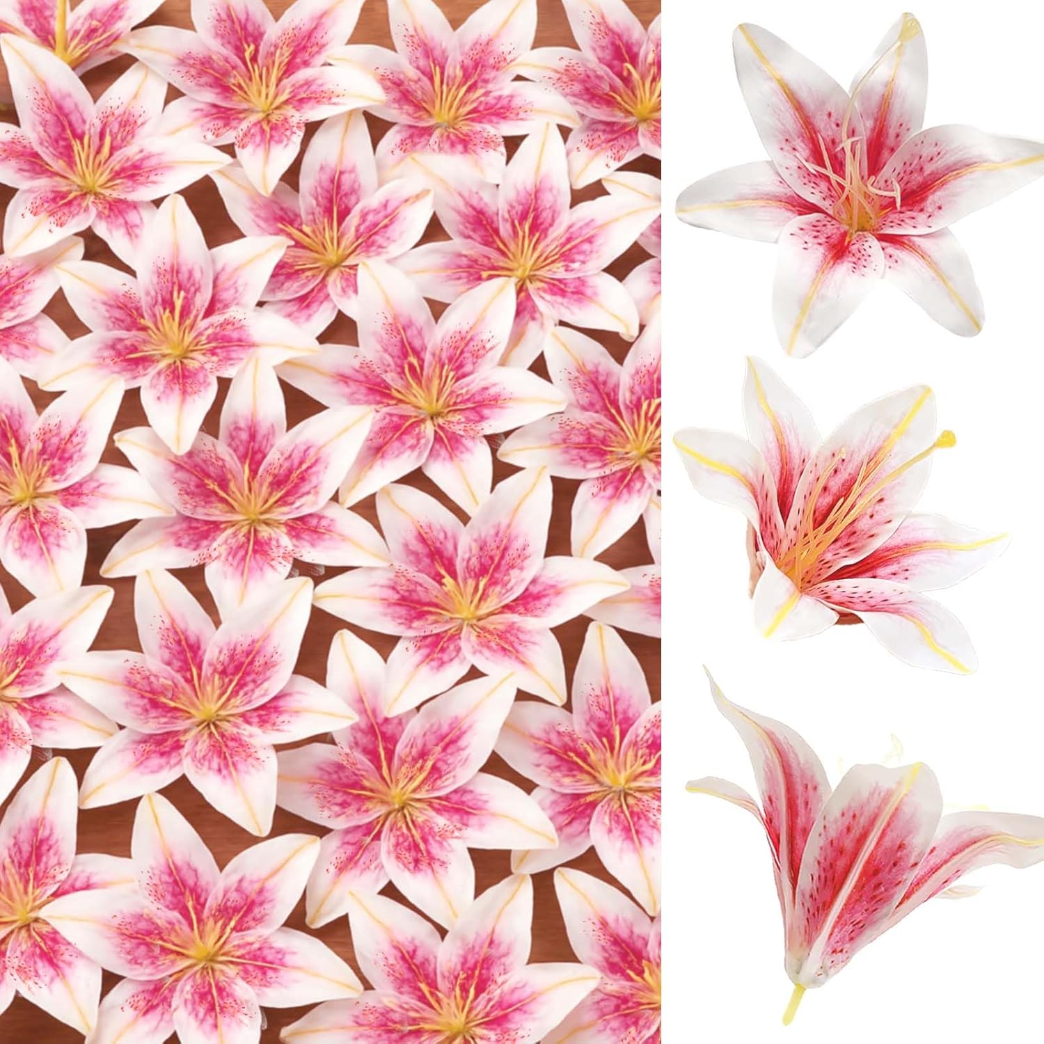 SNAIL GARDEN 24PCS 5.5" Large Fake Lilies Flower Heads with Realistic Stamens,24PCS Pink Artificial Flower Heads, Bulk Silk Flowers for Crafts, Cake Decorating, Wedding Party Wreath, Home Decor