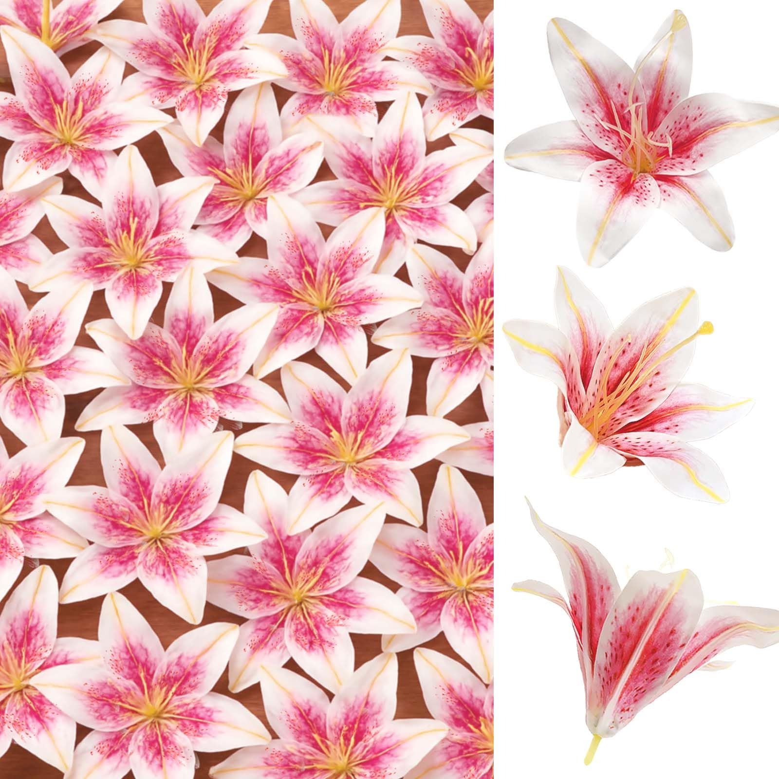 SNAIL GARDEN 24PCS 5.5" Large Fake Lilies Flower Heads with Realistic Stamens,24PCS Pink Artificial Flower Heads, Bulk Silk Flowers for Crafts, Cake