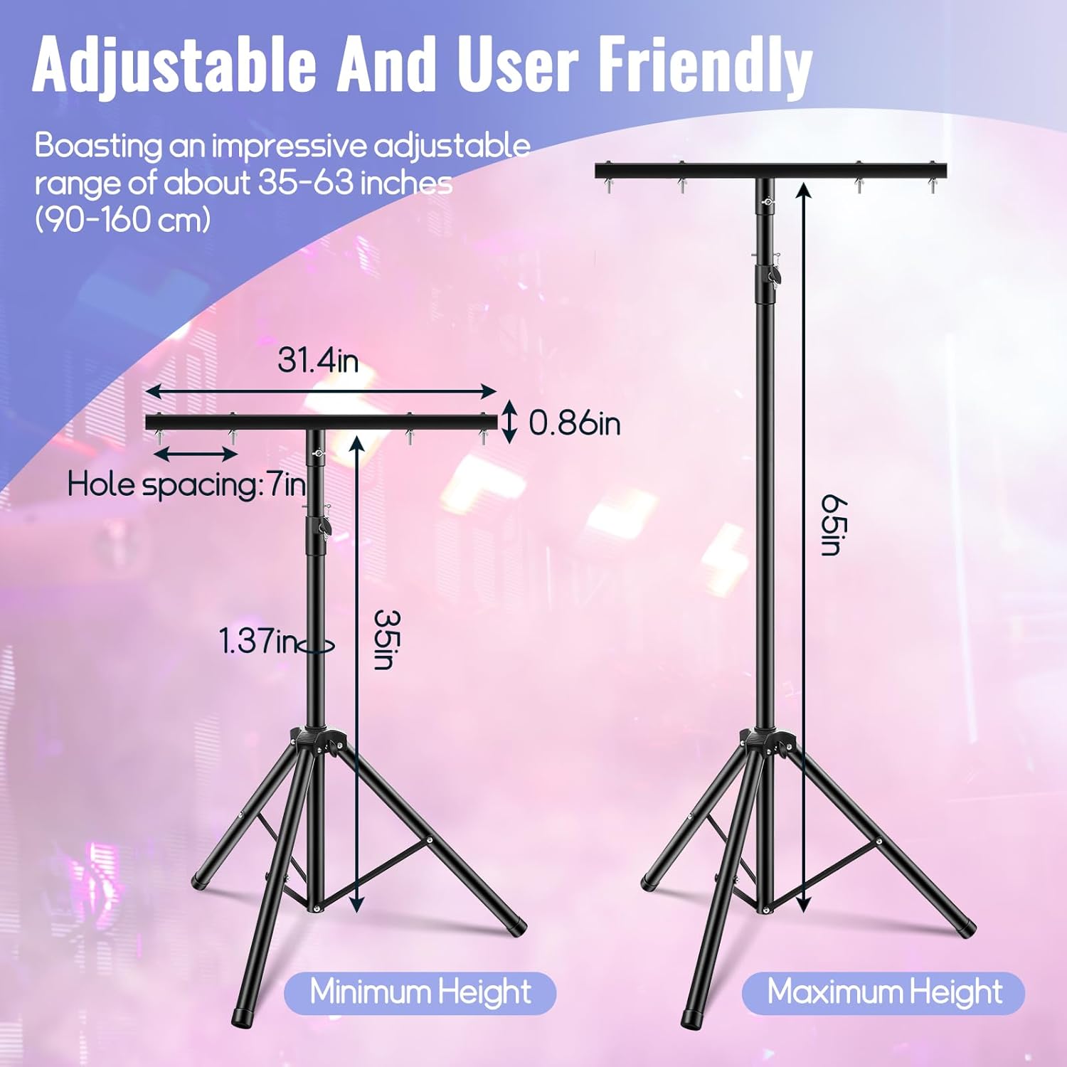 Juexica 2 Pcs DJ Light Stand Adjustable 35-63 Inch Heavy Duty Par Can Tripod T-bar Stage Light Stand Portable DJ Lighting Rack for Stage Bar Banquet Party