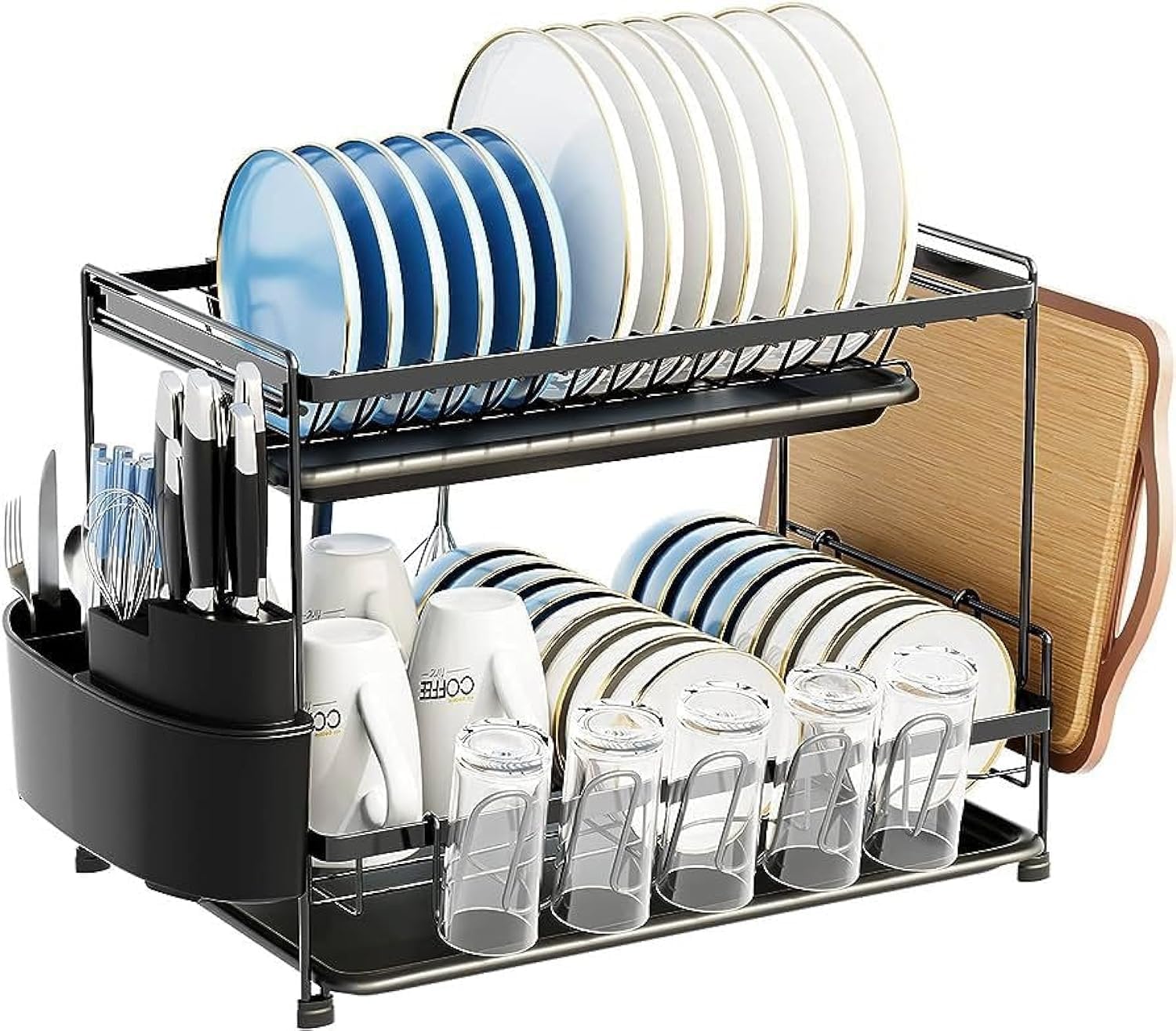 COOLBABY Dish Drying Stand With Drainer-Two Tiers Dish Rack large -Dish Drainer with Cutting Board Holder, Utensil Holder, Cup Holder and Dish Drainer(Black)