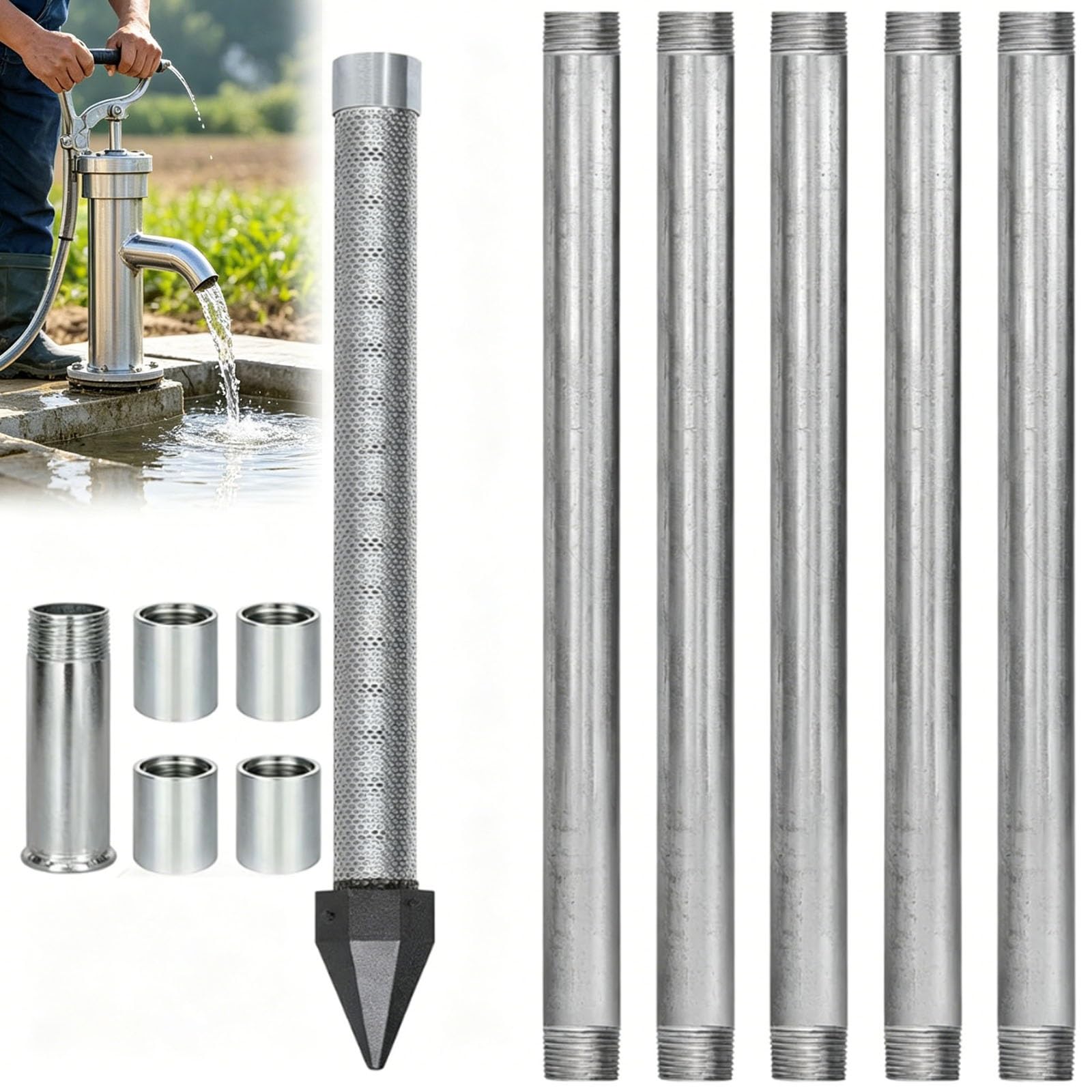 Heavy Duty Water Well Drilling Kit,1-1/4 Stainless Steel Shallow Well Drilling Kit with Reinforced Tip, 36" Pipe & Galvanized Couplings for DIY Well(5+1kit)