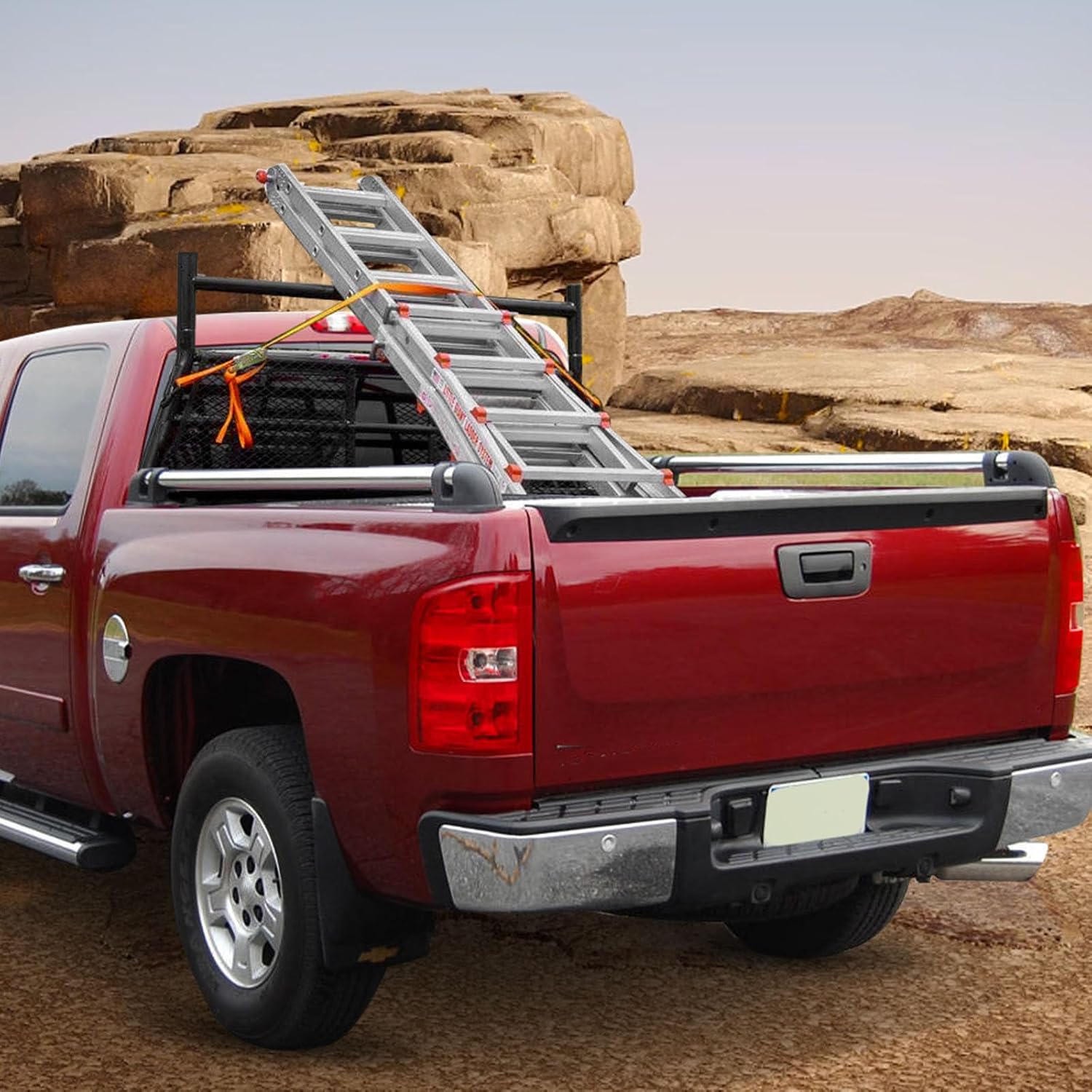 Pickup Headache Rack Extendable, Steel Truck Back Rack Cab Guard Frame Window Protector Mesh Heavy Duty with Anchor Points 500 lbs Capacity