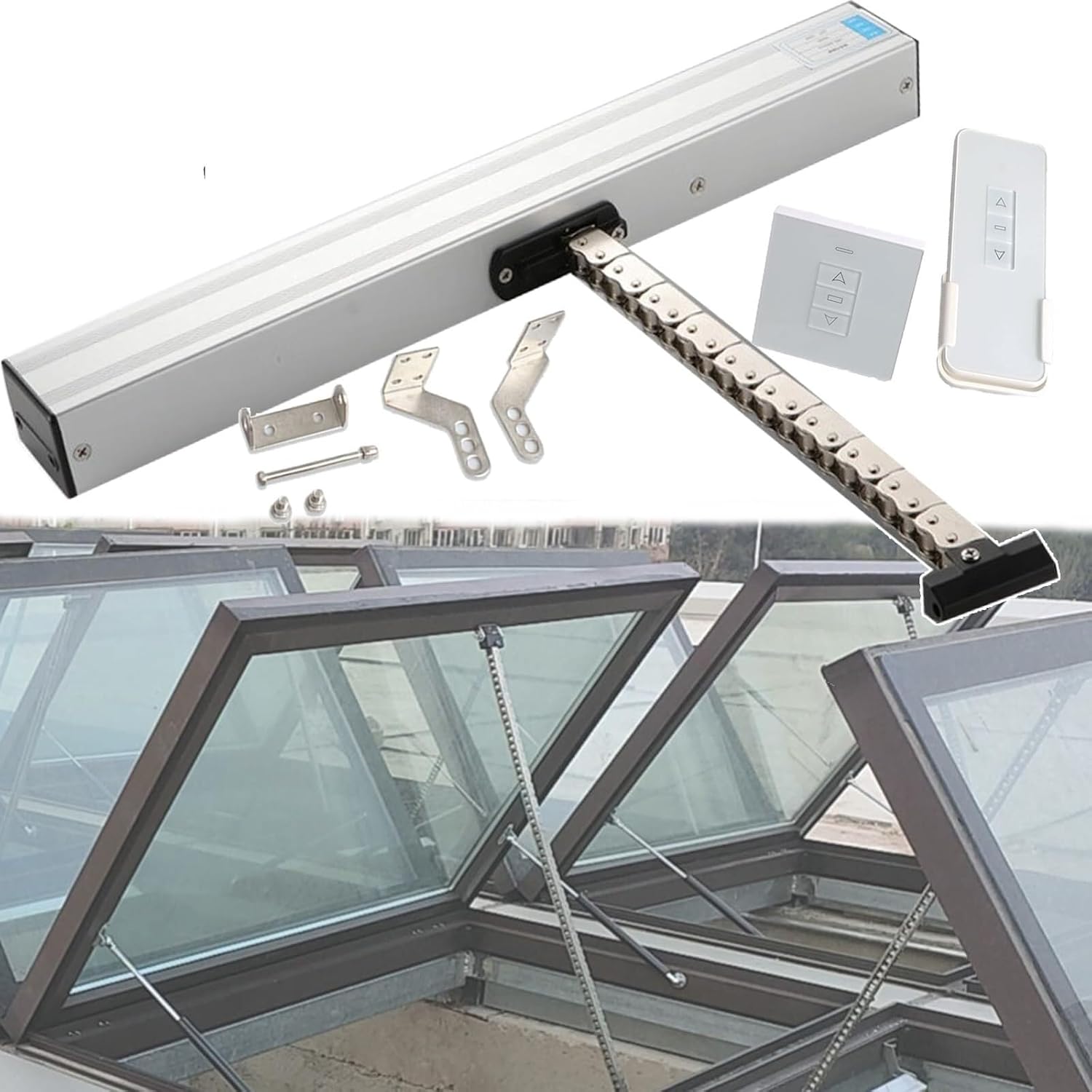 Electric Window Opener Actuator 24V, Stroke 300mm -1000mm, Maximum Load 400N, Double Chain/Low Noise, with Remote Control + Switch, Suitable for roof Windows, greenhouses(800mm)