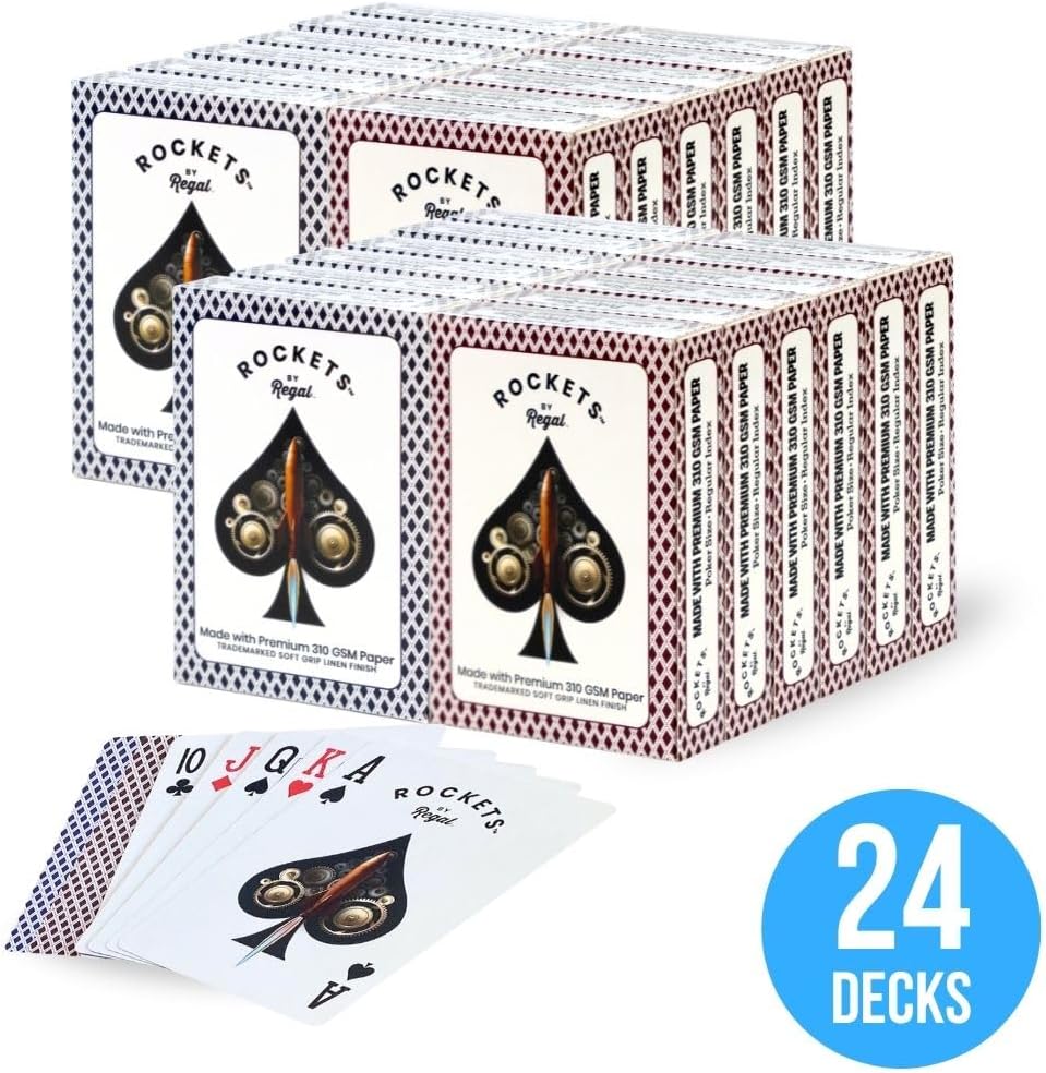 Regal Games [24 Decks] Rockets Bulk Playing Cards Set for Adults & Professionals - Poker Size Standard Decks for Blackjack, Poker, Canasta, Euchre - 310 GSM Linen Finish - Fun & Travel Playing Cards