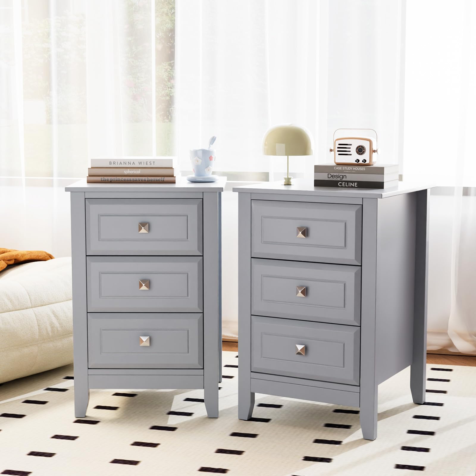 Bonnlo Gray Nightstands Set of 2, 3 Drawer Nightstand, Modern Night Stand for Bedroom with Metal Knobs, Wood Bedside Table, Grey Side Table/Night