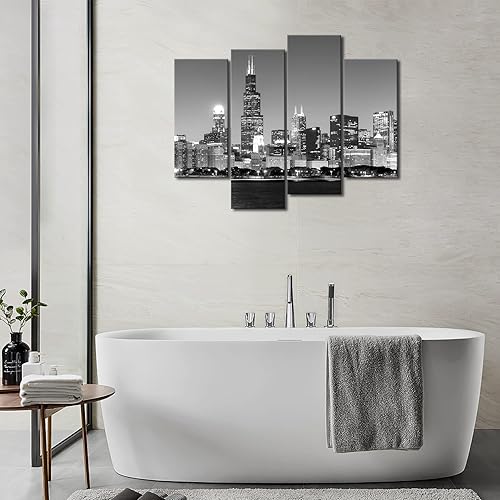 Miniatura 4 de 4 unidades de pintura de tela moderna arte de pared la imagen para la decoración del hogar, vista panorámica del horizonte de Chicago de noche, en