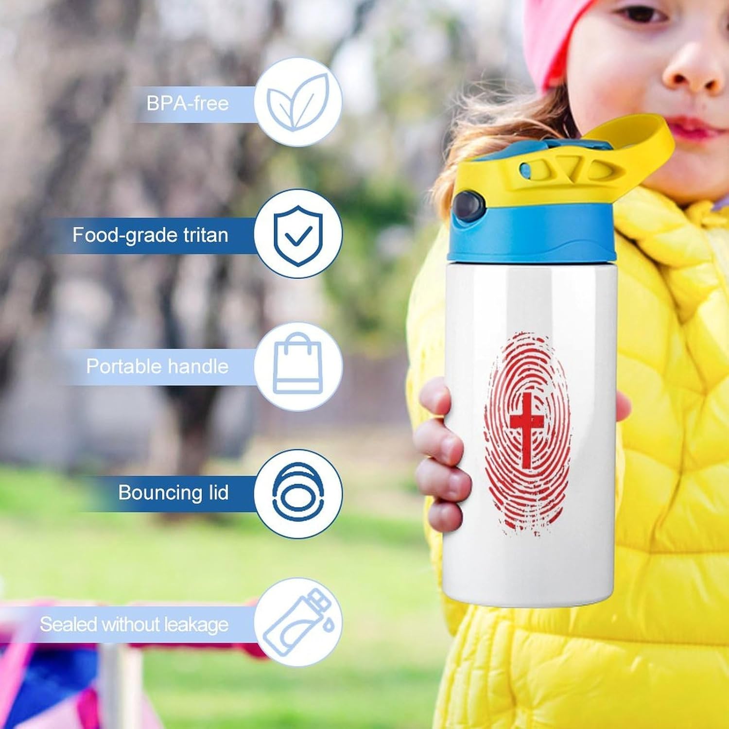 Crosss Fingerprint Insulated Water Bottle Travel Coffee Tumbler Stainless Steel Cup Mug with Flip Straw for Work