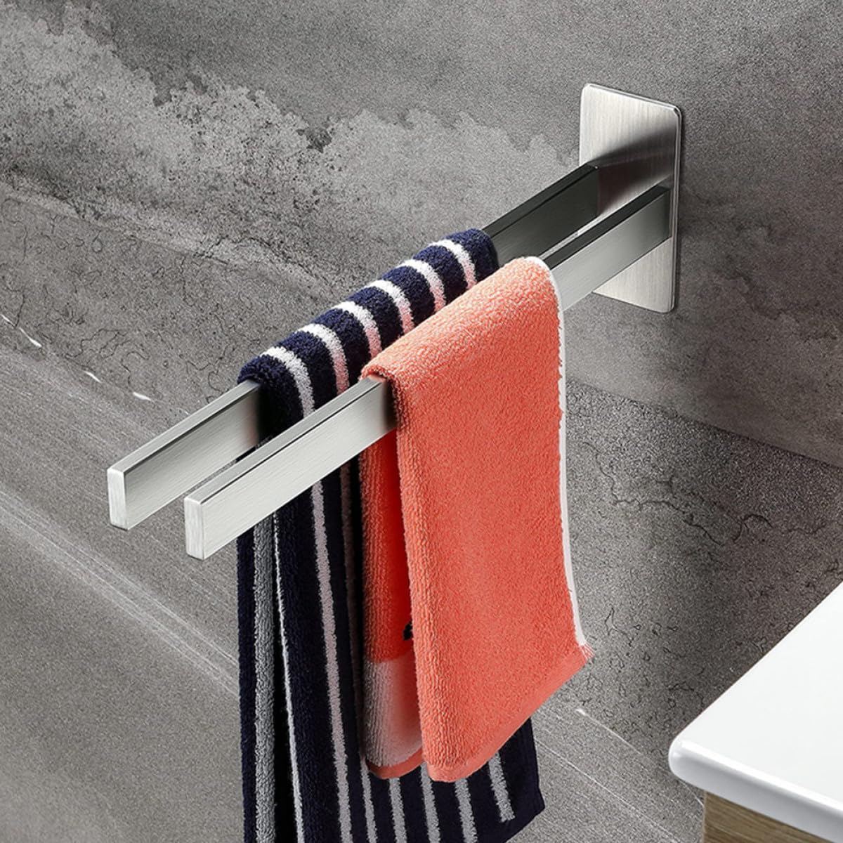 TIDTALEO Mensola Portasciugamani da Bagno in Acciaio Inox 304 senza Fori Portasciugamani Doppio Palo 39 CM Installazione Adesiva per Cucina e Bagno