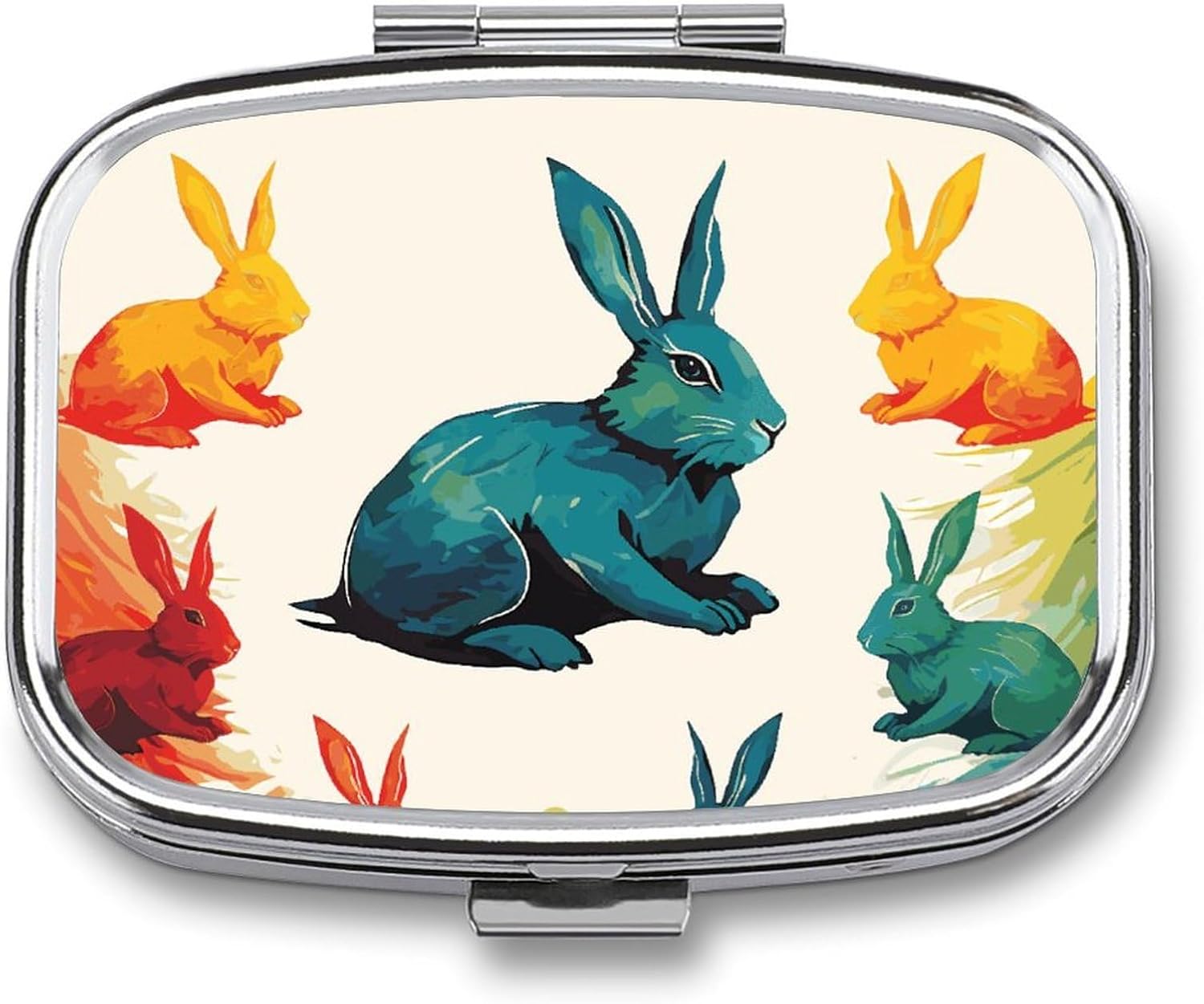 Rainbow Rabbit Square Pill Box with 2 Compartment & Mirror