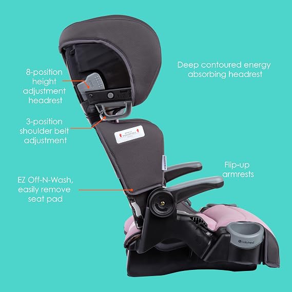 Baby Trend Protect 2-in-1 Folding Booster Seat, Dash Rose Fold-Flat Travel-Ready Design, Lightweight Build, Belt-Positioning Comfort