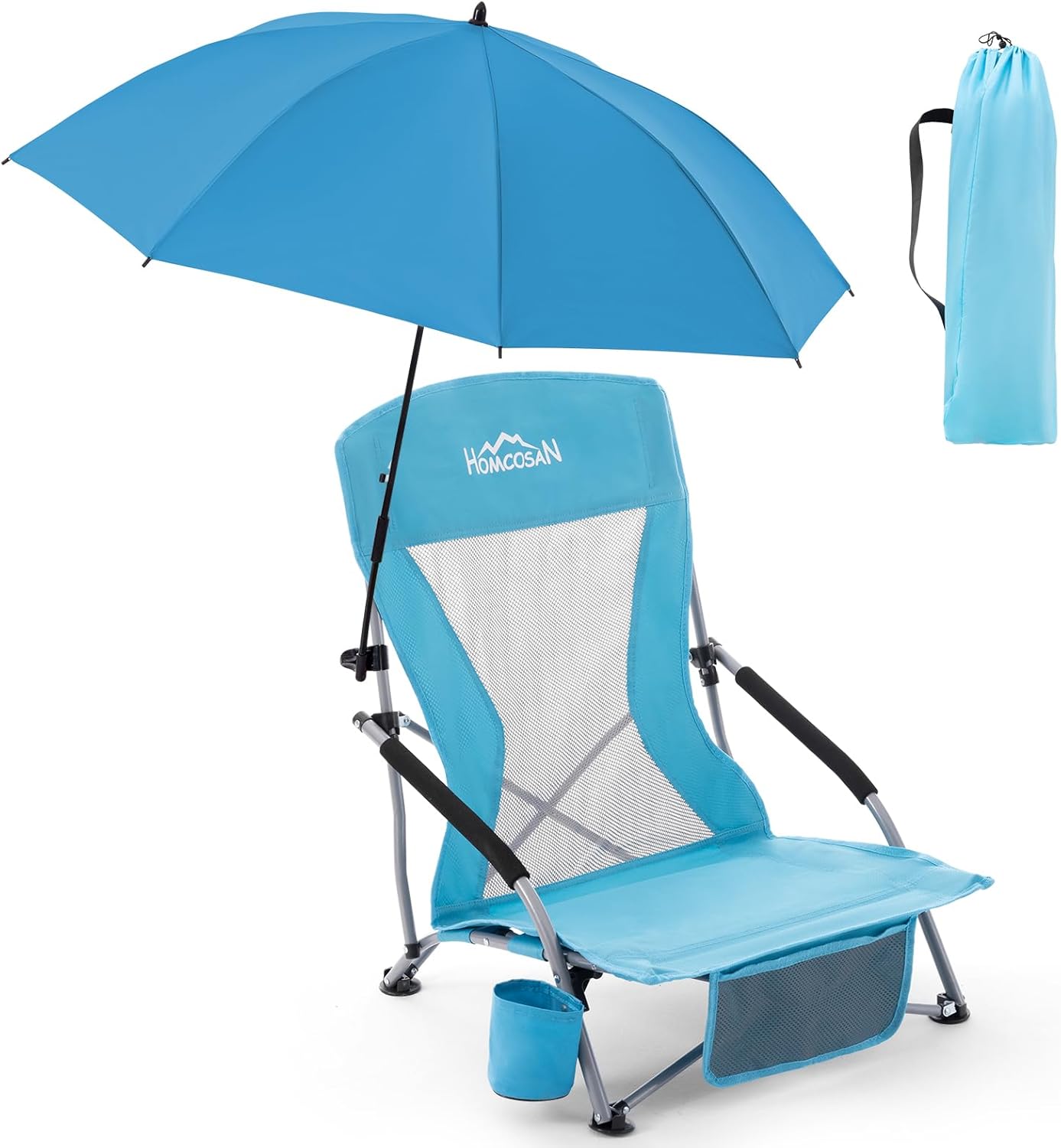 Homcosan Portable Low Folding Beach Chair with Detachable Umbrella - Lightweight Camping Chair for Adults with Cup Holder & Storage Pocket, Carry Bag Included (Blue) chair with umbrella Blue 1 Pack