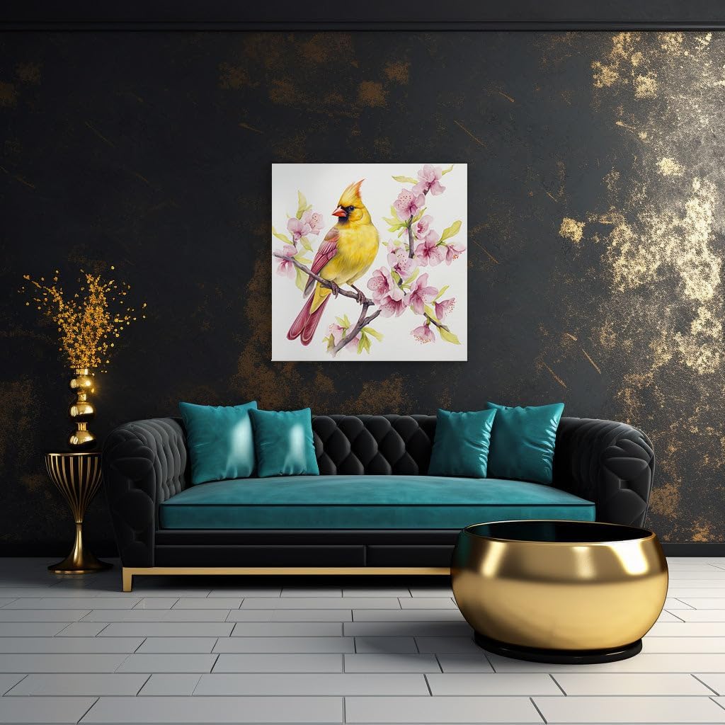 Canvas for Living room. Whispers of Spring: A Yellow Cardinal Amidst Blossoming Serenity, 27 x 18 inch Canvas Wall Art - Retro Home Decor - 69x46 cm (27x18 inch)
