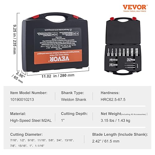Miniatura 7 de VEVOR Juego de cortador anular, 13 brocas Weldon Shank Mag, profundidad de corte de 1 pulgada, diámetro de corte de 716 a 1-116 pulgadas, M2AL HSS,