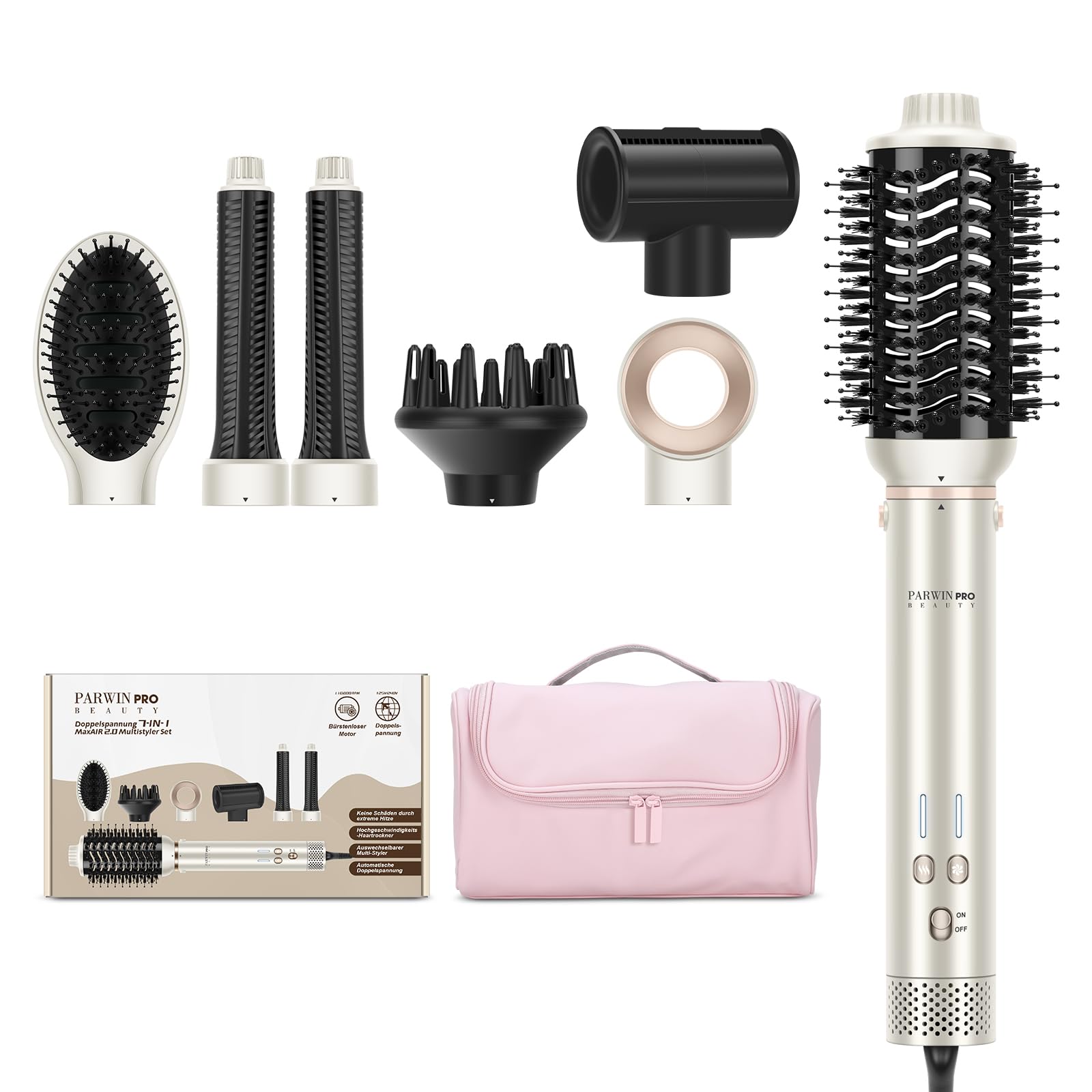 7 in 1 AirStyler, Automatische Doppelspannung MaxAIR 2.0 Multi-Styler Set | mit Luftglätter, 28mm automatischer Lockenwickler, 110000 U/Min, Glättender Finish-Aufsatz, Diffusor, Champagnersilber
