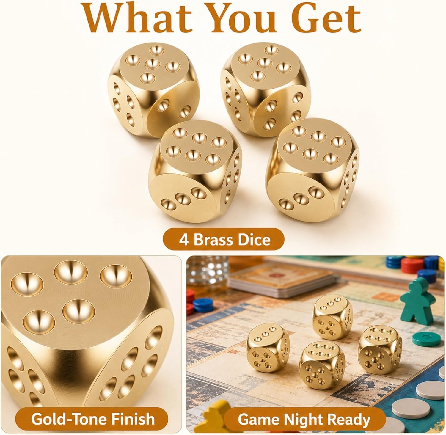 Solid Brass Dice Set, 4 Pcs Copper Gold Finish Dice for Mahjong, 0.59 Inch | 4 solid brass dice with standard pips for mahjong nights, board game replacements, parlor play, and tabletop entertainment
