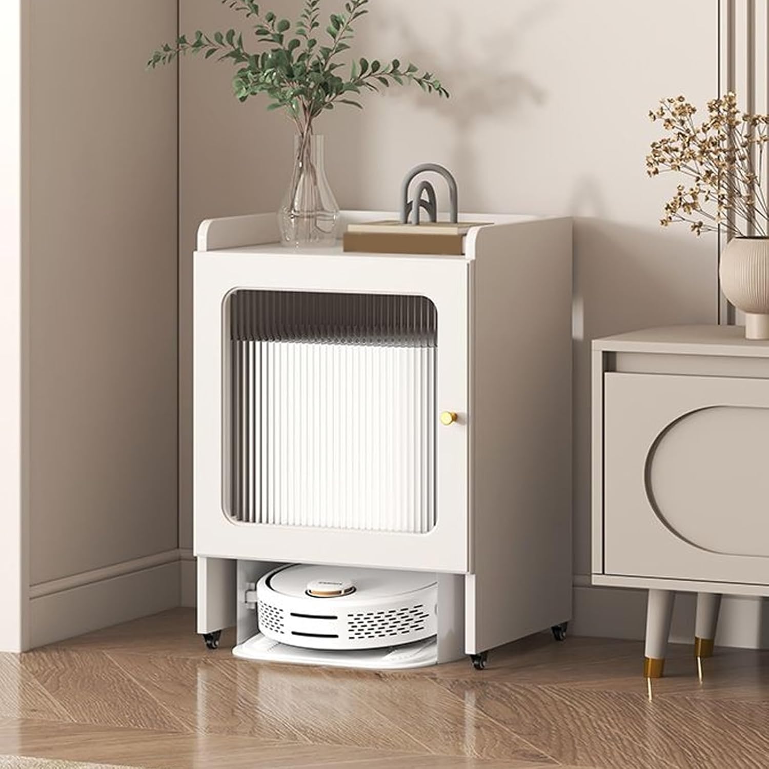 HARELA Robot Vacuum Stand Cabinet with Wheels, Robot Vacuum Storage Cabinet with Doors & Drawers, Sweeping Robot Storage Rack for Living Room Office Kitchen(White,75cm/29.5in)