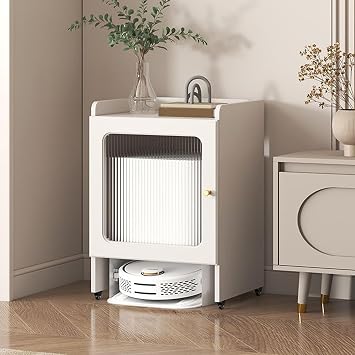 HARELA Robot Vacuum Stand Cabinet with Wheels, Robot Vacuum Storage Cabinet with Doors & Drawers, Sweeping Robot Storage Rack for Living Room Office KitchenWhite,75cm/29.5in