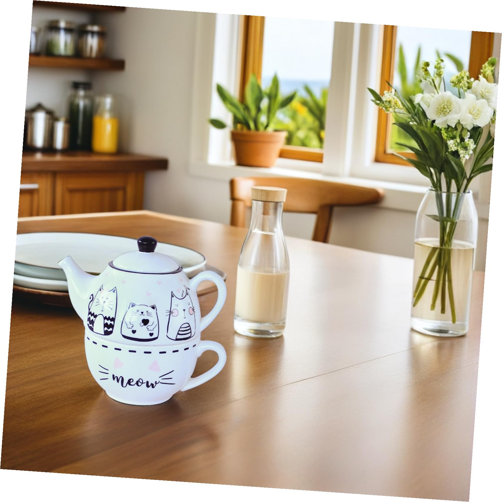 Toyvian Juego de Té de Cerámica Tetera y Taza en Blanco Diseño de Gato Adorable, Adecuado para Decoración del Hogar y Aficionados al Té