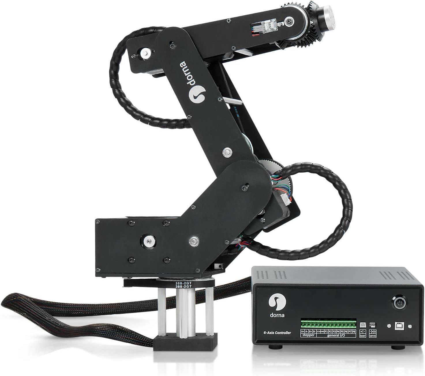 Dorna Robotics | Dorna 5-Axis Robotic Arm & Controller | Payload: 2.5LB (1.1KG) | Horizontal Reach: 19.57in (497.1mm) | Vertical Reach: 23.93in (607.9mm) | Aluminum Body | GUI & Python API