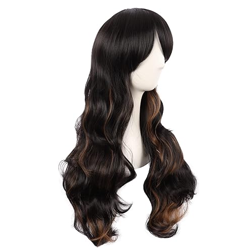 Miniatura 2 de MapofBeauty 28 pulgadas27.6 in mujeres encantadoras flequillo lateral largo rizado pelo sintético peluca (mezcla de negro marrón)
