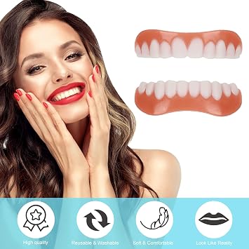 1 Pair False Teeth Veneers Top and Bottom Instant Veneers Fake Tooth White Dentures Instant Smile Veneers Cosmetic Teeth Whitening Temporary Prosthesis Tooth with Thermal Beads for Men Women Adult
