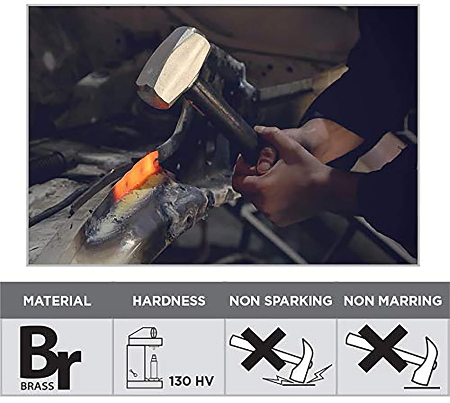 Groz 34700 12-Inch Indestructible Brass Striking Hammer, 2.5 lb, Spark-Resistant Drop-Forged Brass Head with Vibration-Reducing Handle for Combustible Environments and Soft Surfaces