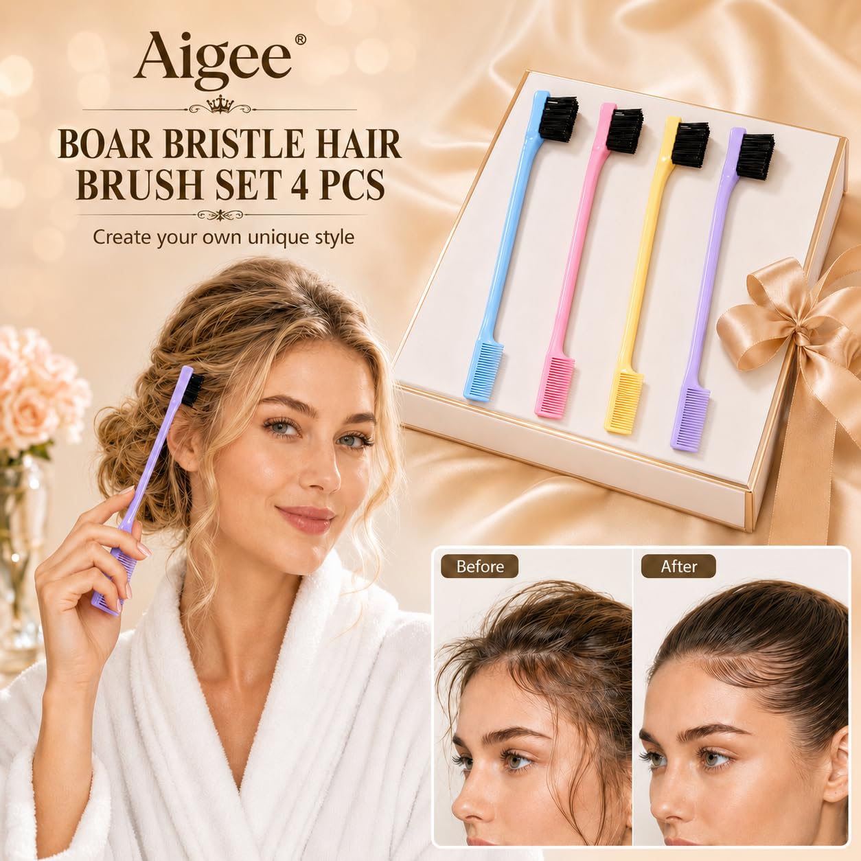 Aigee Slick Back Hair Brush & Edge Brushes and Combs Set,6Pcs in box | 2Pack 3RowTeasing Bristle Brush& 4Pack Double Sided Edge Control Brushes Professional Edge Control Hair Brush Comb for women