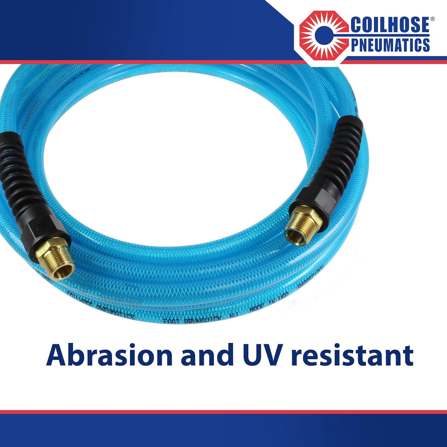 Coilhose Pneumatics PFE40254T Flexeel Reinforced Polyurethane Air Hose, 1/4-Inch ID, 25-Foot Length with (2) 1/4-Inch MPT Reusable Strain Relief Fittings, Transparent Blue