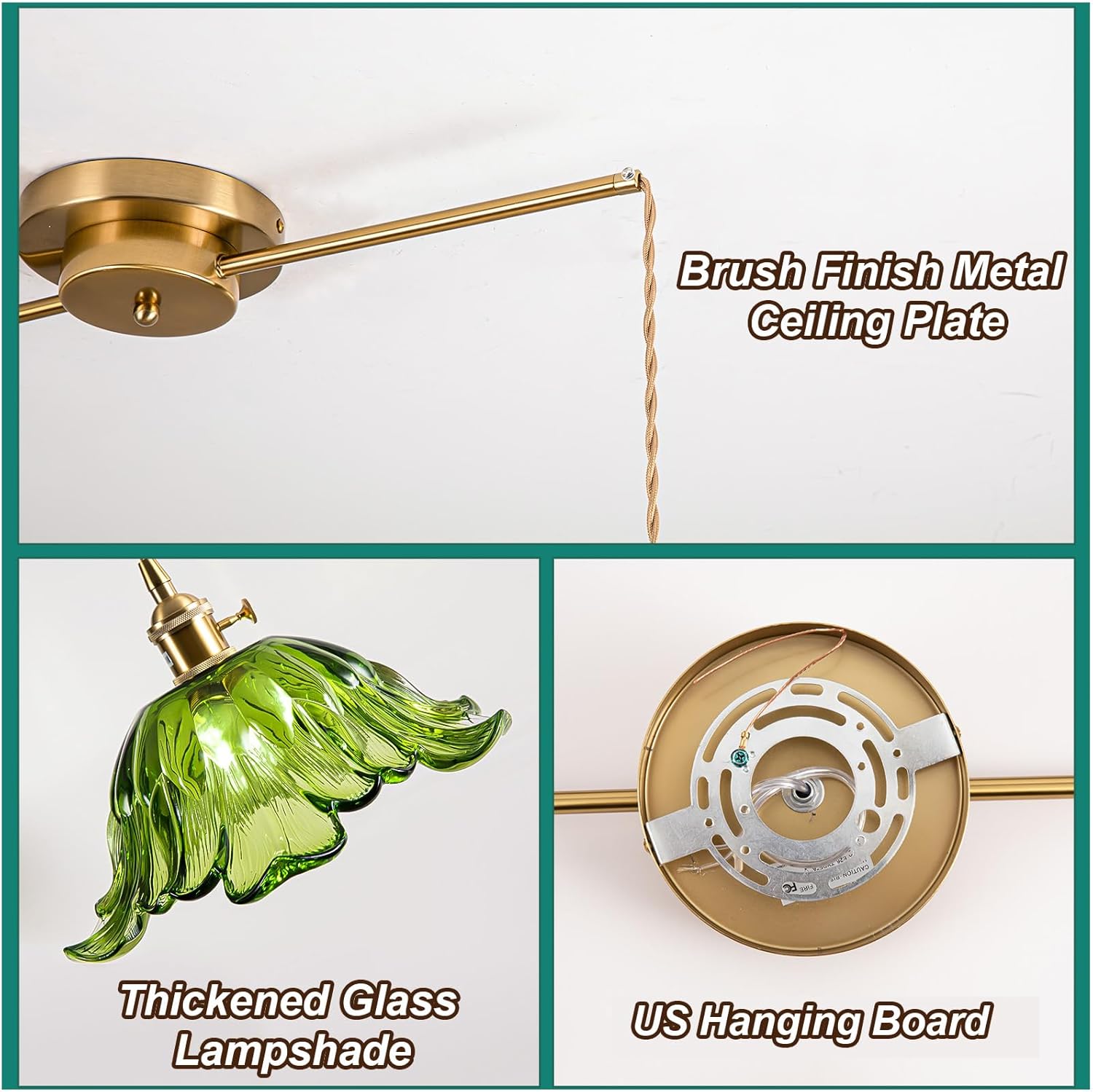 2-Lights Brass Vintage Pendant Light Fixtures, Modern Chandelier Pendant Light with Green Flower Glass Lmapshade, Adjustable Hanging Lights for Kitchen Island Dining Room Hallway, E26 (Green)