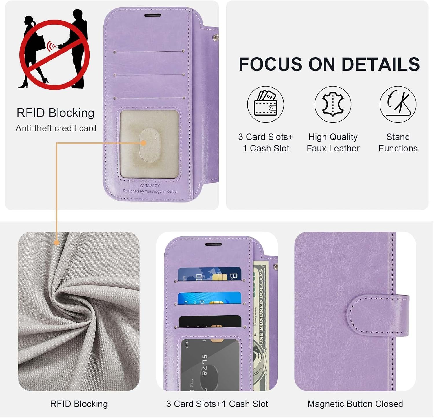 VANAVAGY Compatible for iPhone 12/12 Pro Wallet Case for Women Men, PU Leather Flip Phone Cover with Wristlet for Wireless Charging with RFID Blocking Card Holder Screen Protector,Clove Purple