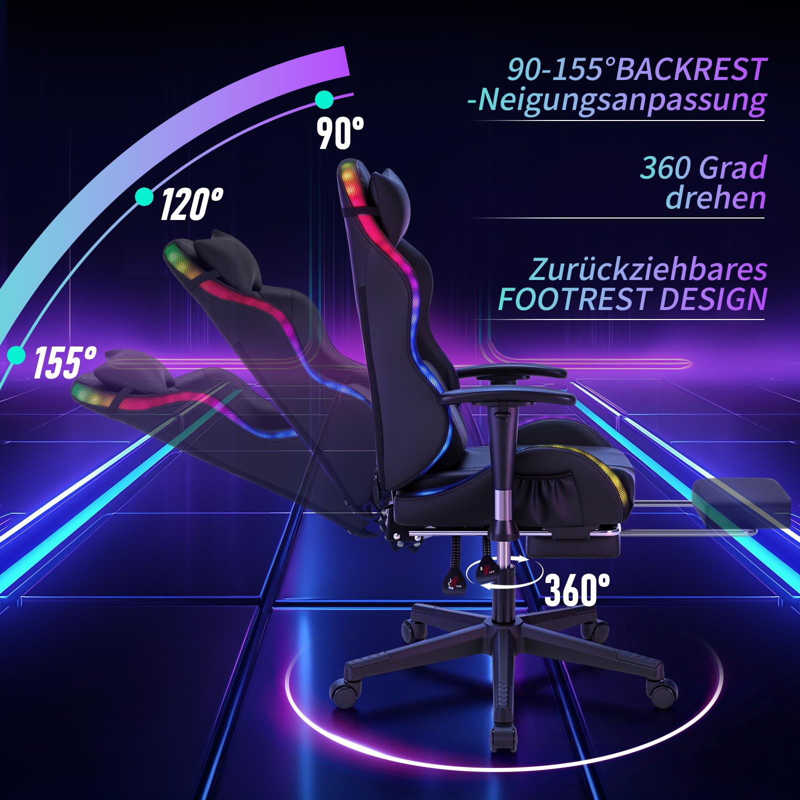LED Gaming Stuhl für Kinder 155° Computer Stuhl mit RGB Lichter-Schwarz | Liegestühle mit Fußbrett;Ergonomischer Gaming Sessel für Teenager 6-15;PC Gamer Stuhl mit Lumbalstütze für Gaming und Lernen