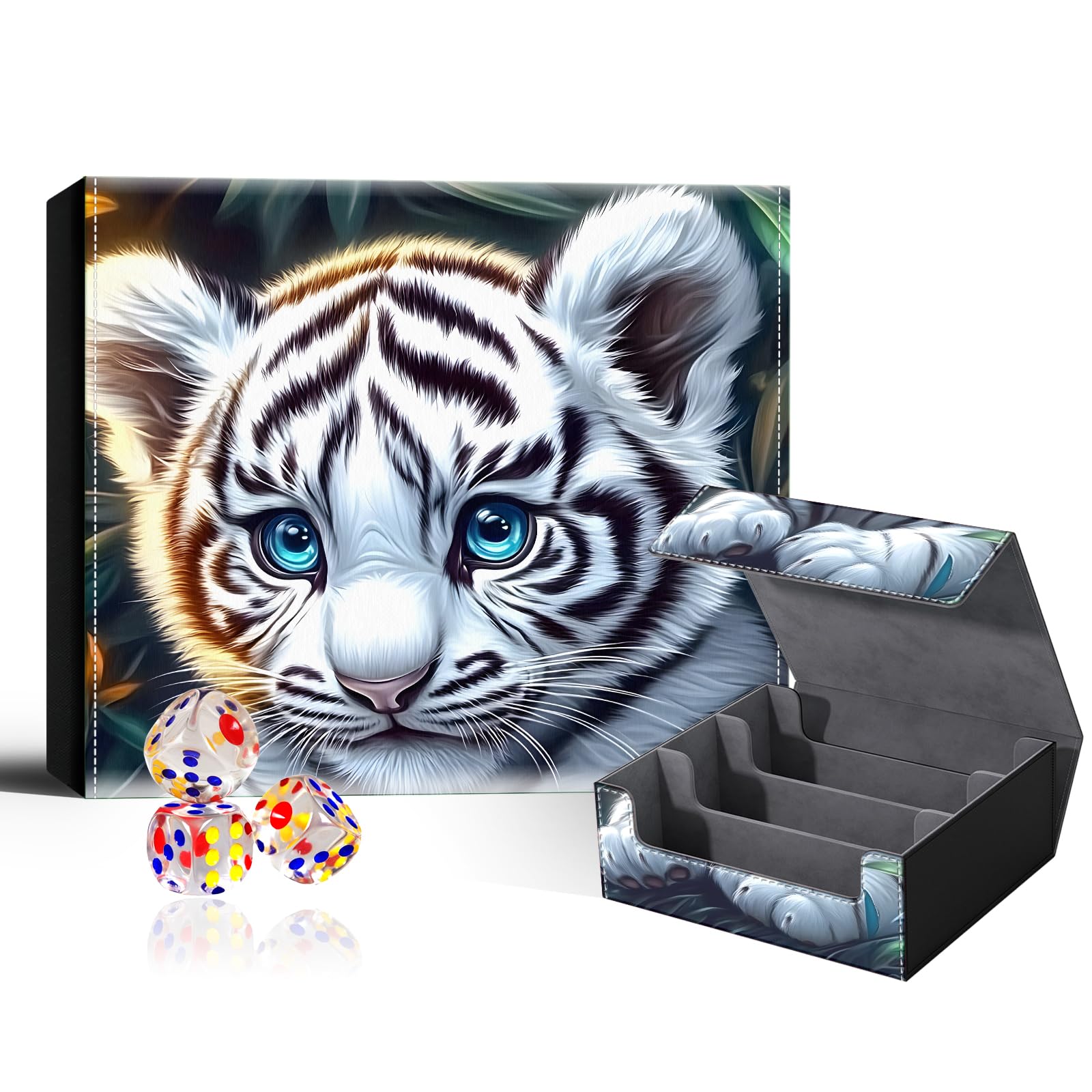 VOGDMKJG Trading Card Deck Box Fit 1800+ Single Sleeved Cards,PU Leather Magnetic Closure Card Storage Box With 3 Dice For MTG/TCG/PTCG/Magic/Sport Card Storage Case Large 3 ROW Design Cute Tiger