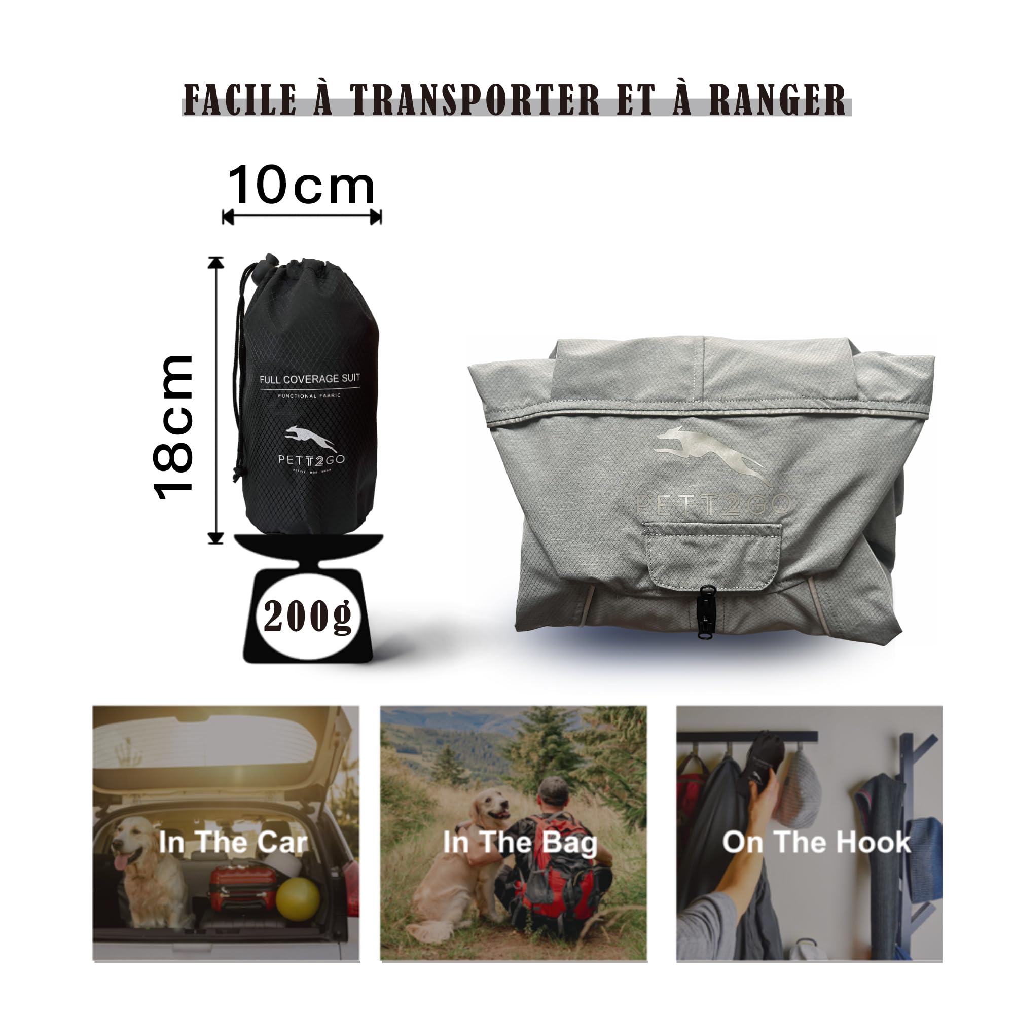 Coupe-Vent Léger pour Chien, Manteau avec Jambes, à Capuche, Trou pour Laisse, Réfléchissant, Compactable - Gris -XL (Mâle)