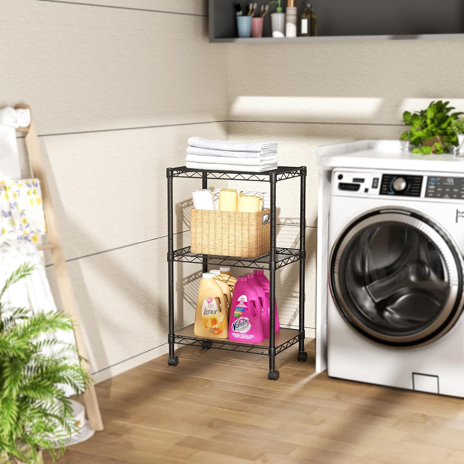 SINGAYE 3 Small Shelves Storage Shelf Wire Shelving Unit Metal Shelf Adjustable Organizers Storage Shelving with Wheels for Bathroom Laundry Room Kitchen Pantry11.5”D x 17.5”W x 30.5”H Black - Image 8