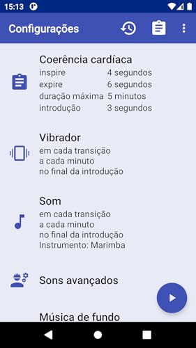 Coerência Cardíaca: exercícios respiratórios, prática constante, cronômetro, animações, sons, vibrad