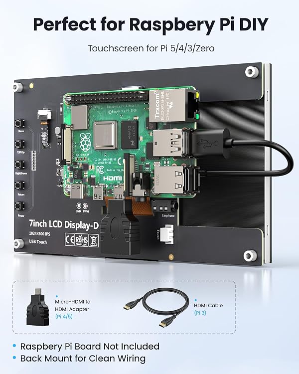 Eyoyo Raspbery Pi Screen 7-inch: 1024×600 LCD Capacitive Touchscreen Monitor with Stand, Mini Portable HDMI Monitors IPS Touch Display for Raspbery Pi 5/4/3/2/Zero, Windows/Linux/Android by Eyoyo - Image 2