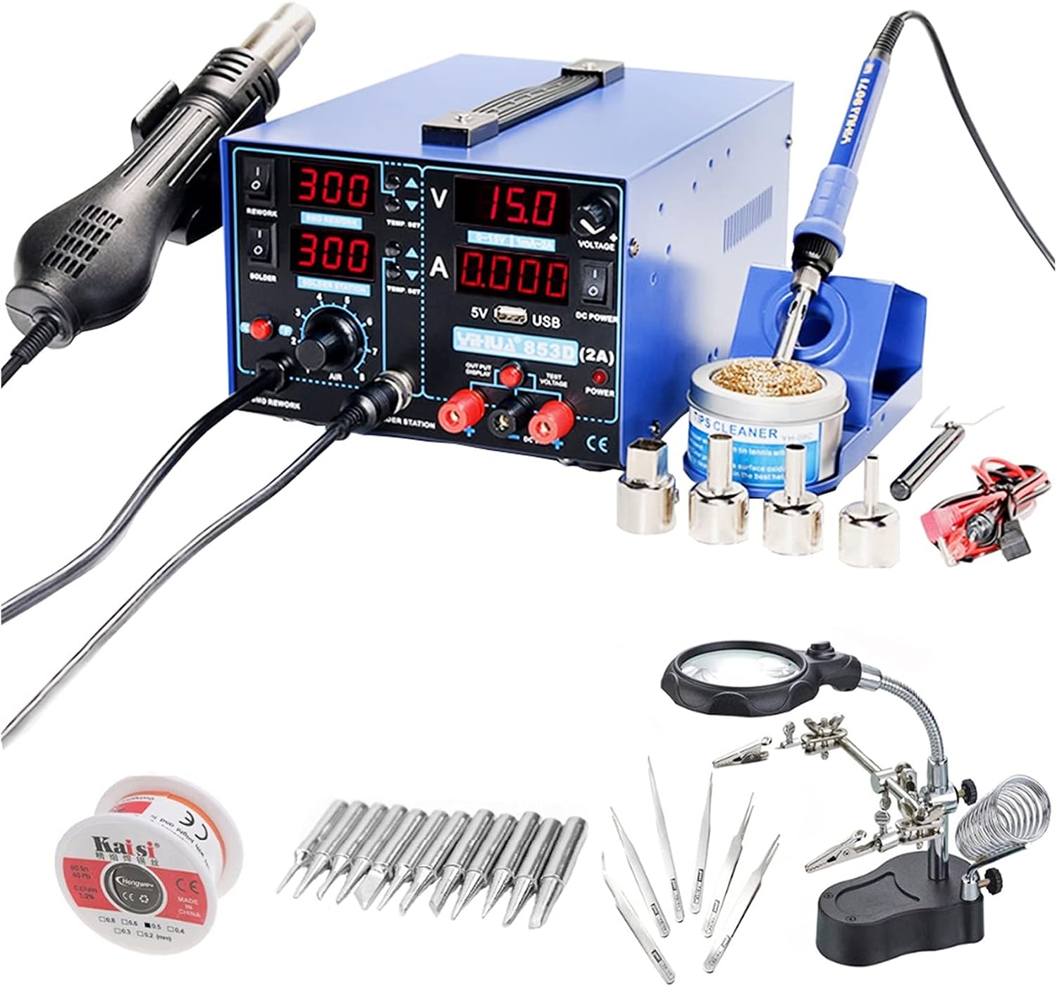 853D 2A Solder Rework Station with 5V USB DC Power Supply Hot Air Soldering Iron Rework Station for Desoldering Repair Soldering Iron Station Kit (Color : Set-1) (Set)