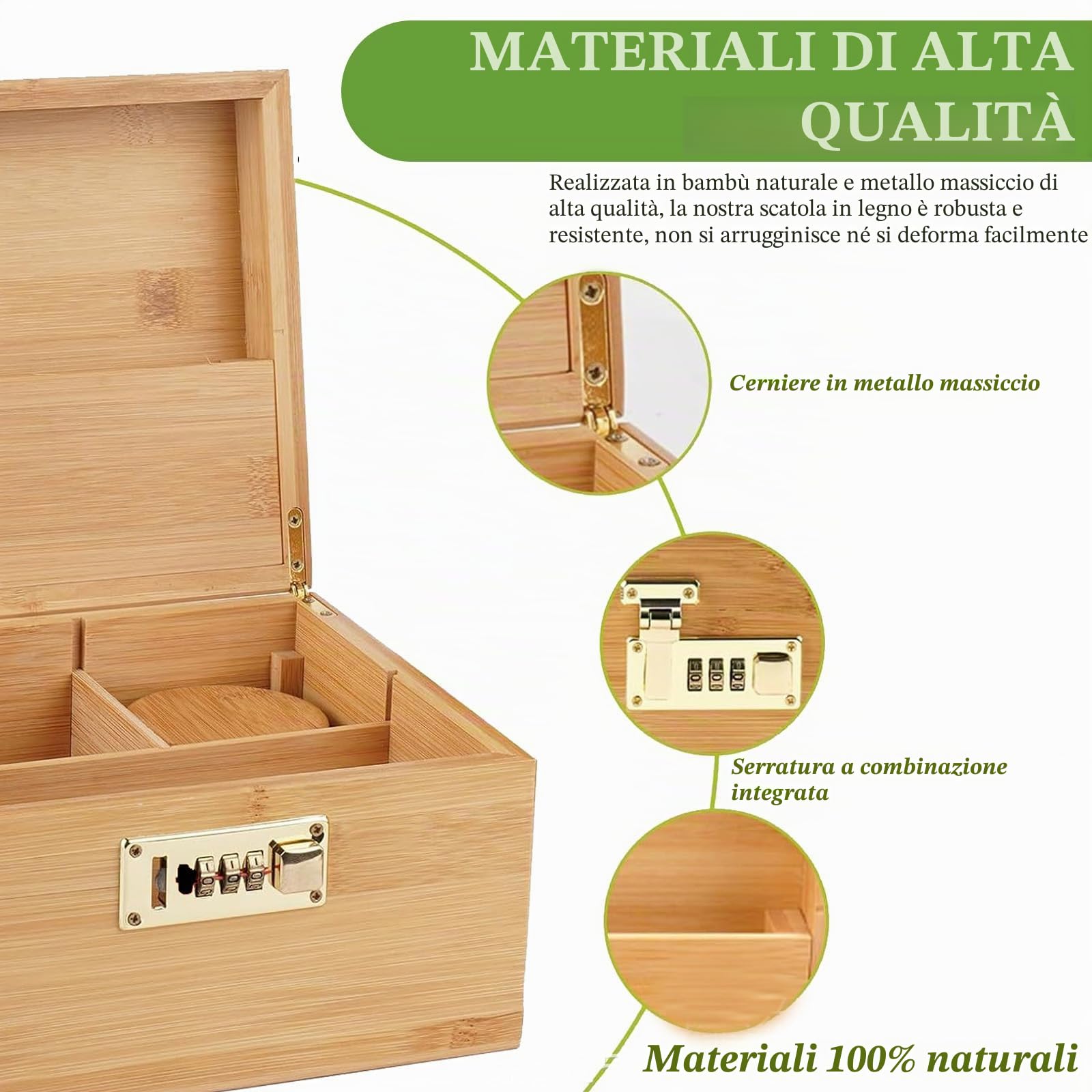 HAMON Grande scatola di bambù con serratura a combinazione, set di scatole portaoggetti in legno, con contenitore in vetro e vassoio, regalo per uomini (26 x 18 x 13 cm)
