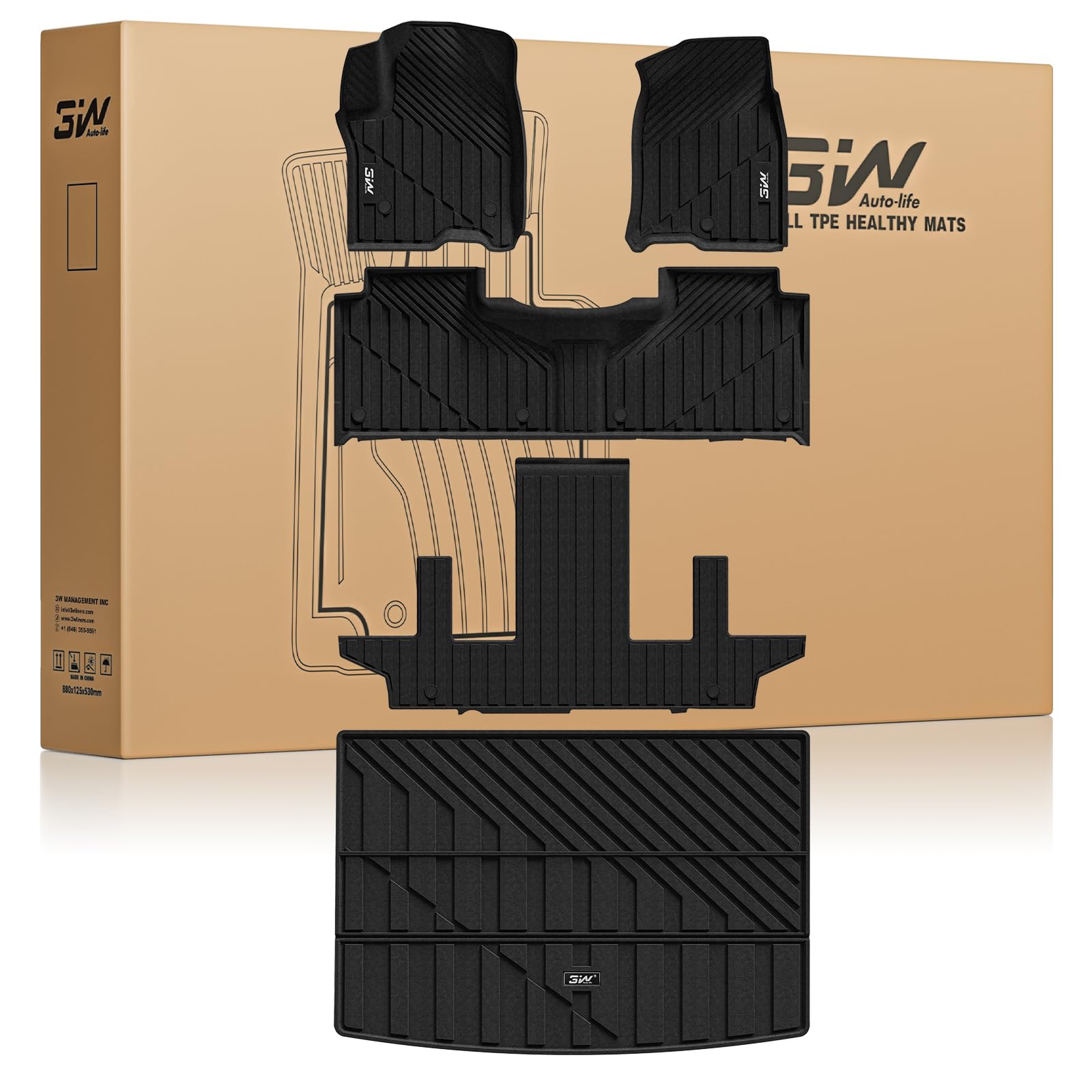 3W Floor Mats & Cargo Liner for 2021-2026 Chevy Suburban (Only 7 Seats (Not Fit 8/9 Seats) / Yukon XL (Not Fit Yukon) /Escalade ESV 7 Seat, TPE All Weather Custom Fit Full Set Car Liner,Bucket Seat