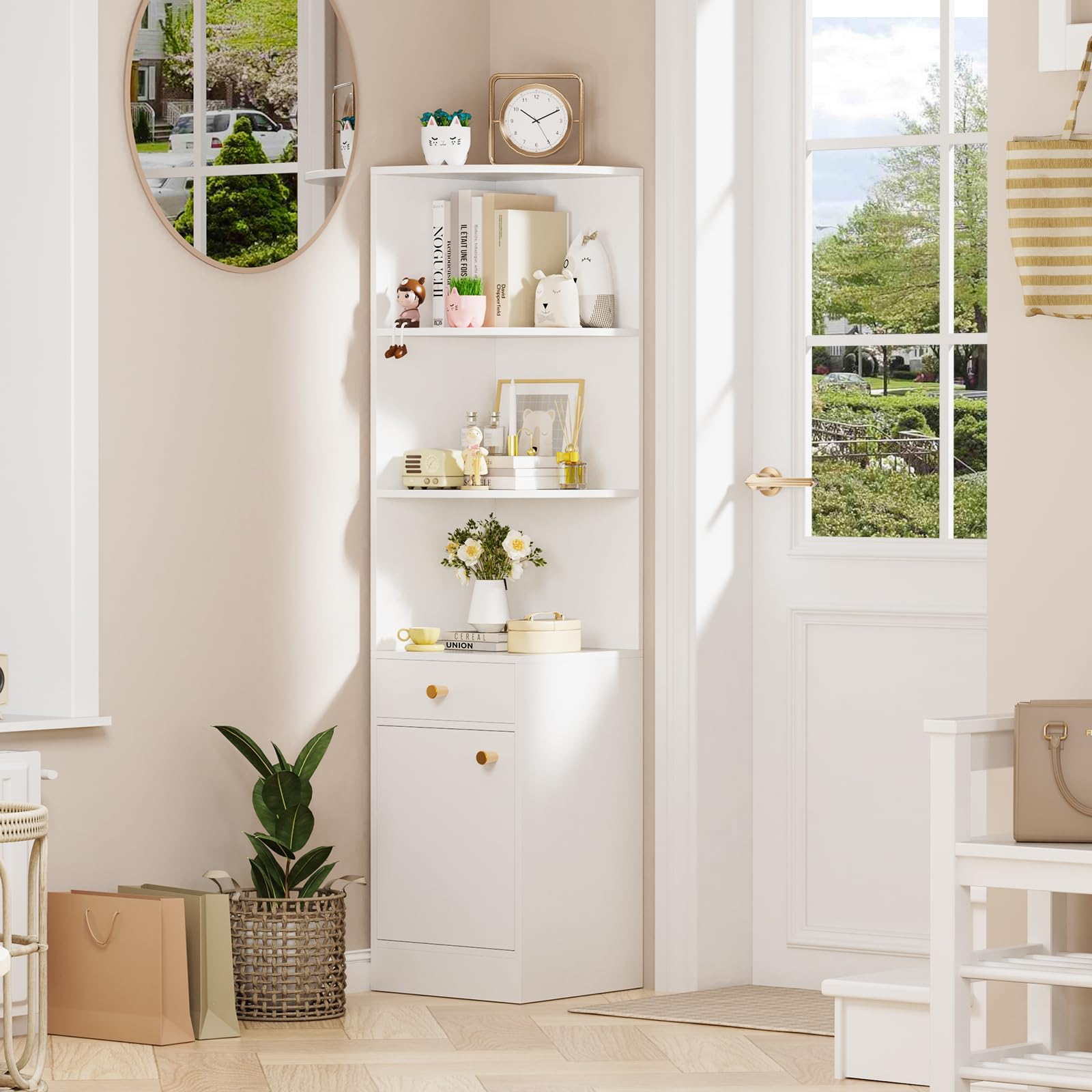 CHOWGOLI Bücherregal Weiß, Modernes Eckregal Stehend mit Aufbewahrung, 3 Offene Regale Eck-Bücherschrank mit 1 Schublade und 1 Schrank mit Türen, Aufbewahrungsregal für Eckraum, 38x38x161cm Küche, Haushalt & Wohnen
