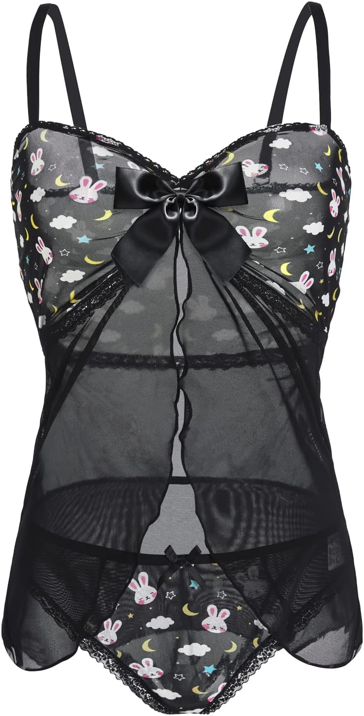 Littleforbig Women Nightwear Lace Babydoll Strap Chemise Halter Lingerie V Neck Sleepwear - Bedtime Bunny Black - Image 4