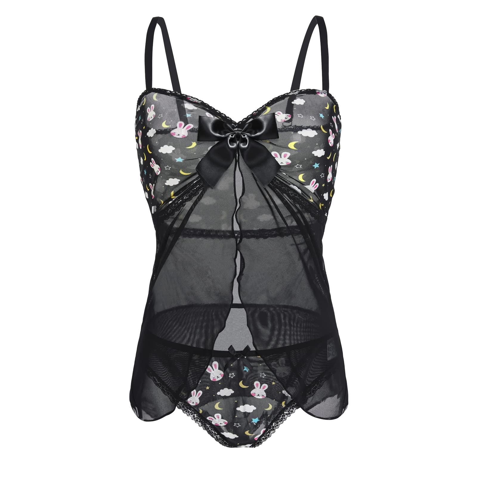 Littleforbig Women Nightwear Lace Babydoll Strap Chemise Halter Lingerie V Neck Sleepwear - Bedtime Bunny Black: Small Black