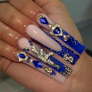 MISUD Press on Nails - Long Square Glue on Nails with Royal Blue, Acrylic Y2K Gun Rhinestone Design 24 pcs
