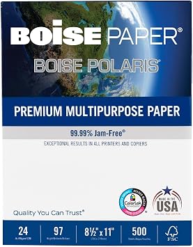 طابعة Boise POLARIS Premium متعددة الاستخدامات وورق النسخ، رزمة واحدة، أبيض، حرف 8.5 بوصة x 11، 500 ورقة لكل رزمة، 24 رطلاً،