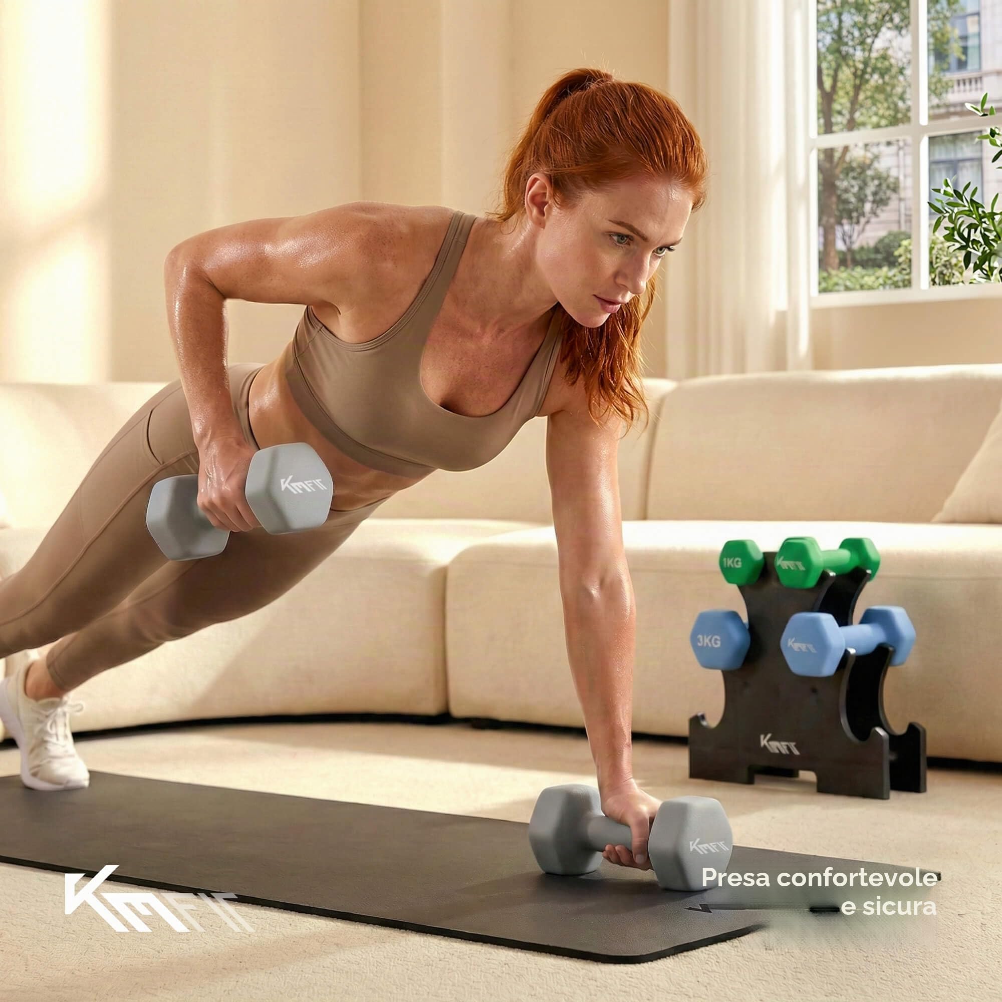 KM-Fit Set manubri 18 kg con supporto | Manubri in neoprene 1–5 kg | Impugnatura ergonomica in ghisa antiscivolo | Antirotolamento | Fitness & allenamento forza a casa
